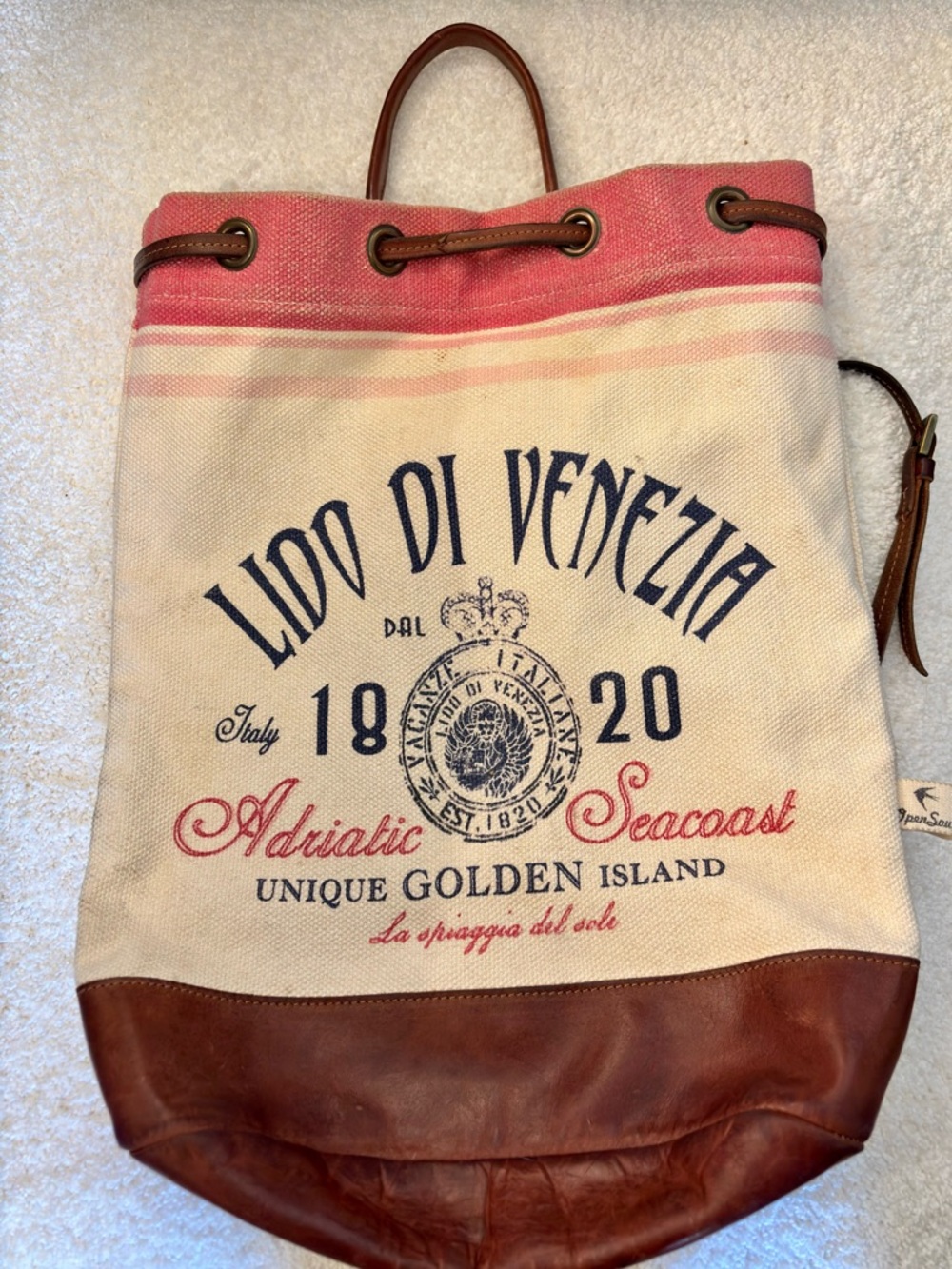 Canvas Drawstring Backpack with Pink Trim and Brown Leather Base#vintage
